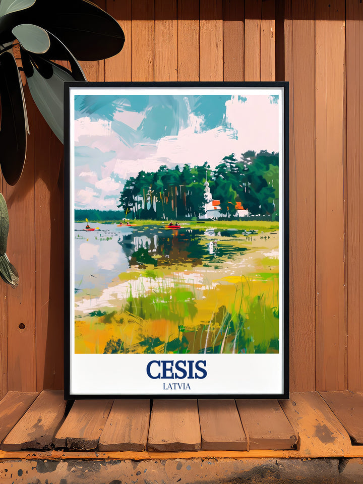 Elegant wall art showcasing Cēsis, Latvia, the picturesque Gauja River, and the expansive beauty of Gauja National Park. Perfect for those who appreciate the intersection of history and nature in art.