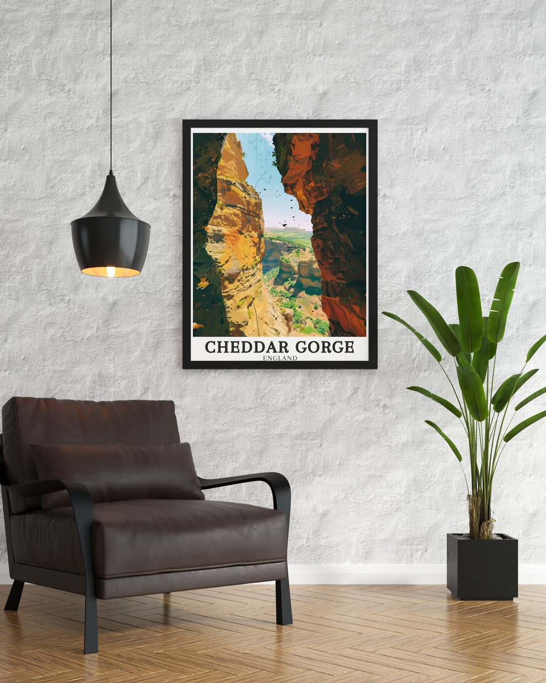 The Cheddar Gorge wall poster presents the iconic cliffs, tranquil valleys, and impressive Cheddar show caves, beautifully encapsulating the natural wonders of Somersets Mendip Hills.