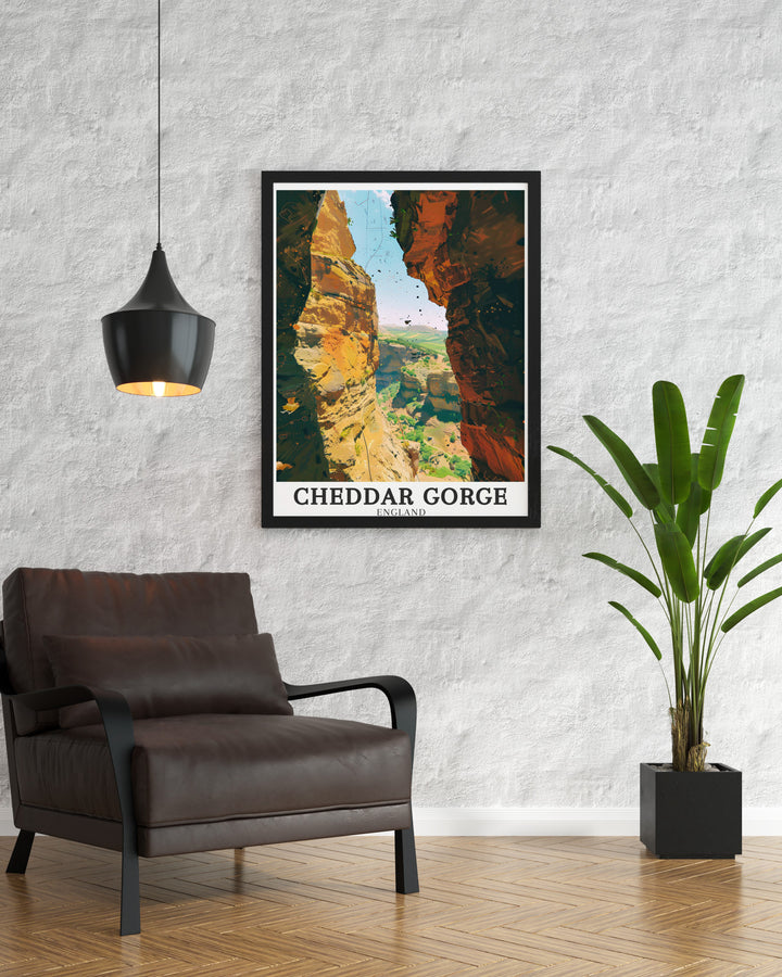 The Cheddar Gorge wall poster presents the iconic cliffs, tranquil valleys, and impressive Cheddar show caves, beautifully encapsulating the natural wonders of Somersets Mendip Hills.