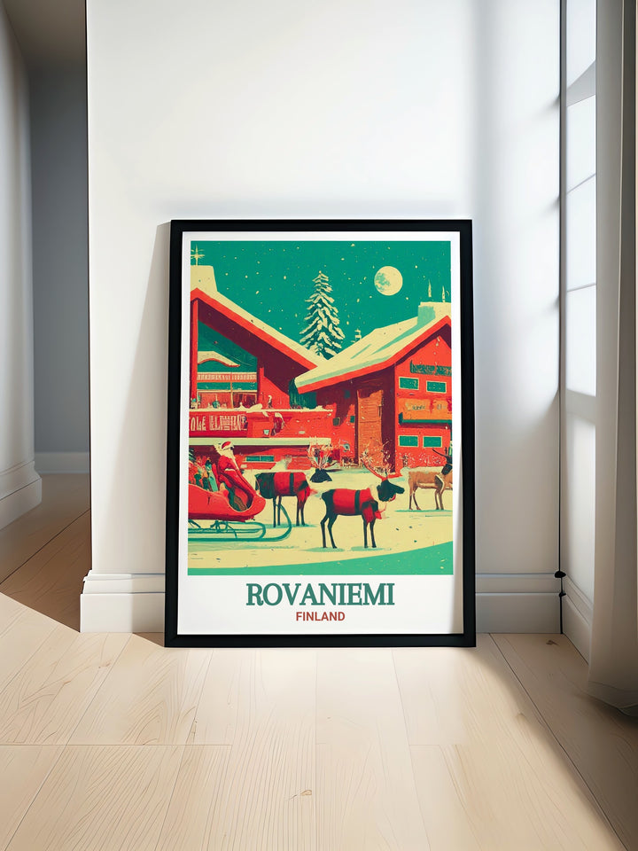 A detailed illustration of Santa Claus Village in Rovaniemi, Finland, capturing the enchanting atmosphere of the Arctic Circle. This travel print is perfect for adding a festive touch to your home during the holiday season.