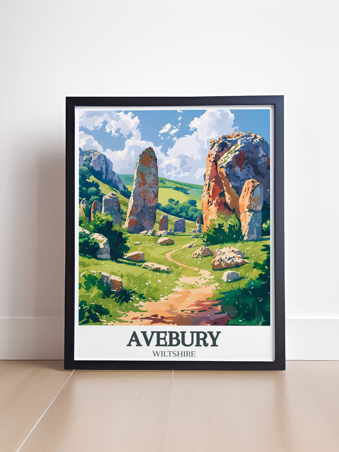 The ancient grandeur of Avebury Stone Circle is captured in this art print, showcasing the impressive megaliths set against the serene countryside of North Wessex. Perfect for adding a touch of historical elegance to your decor.