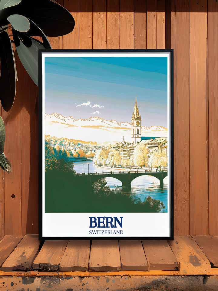 Bern Cathedral wall poster features the stunning architecture of this towering Gothic church, beautifully rendered to capture its intricate design. This Switzerland travel print is perfect for anyone looking to add a touch of Swiss history and art to their home.