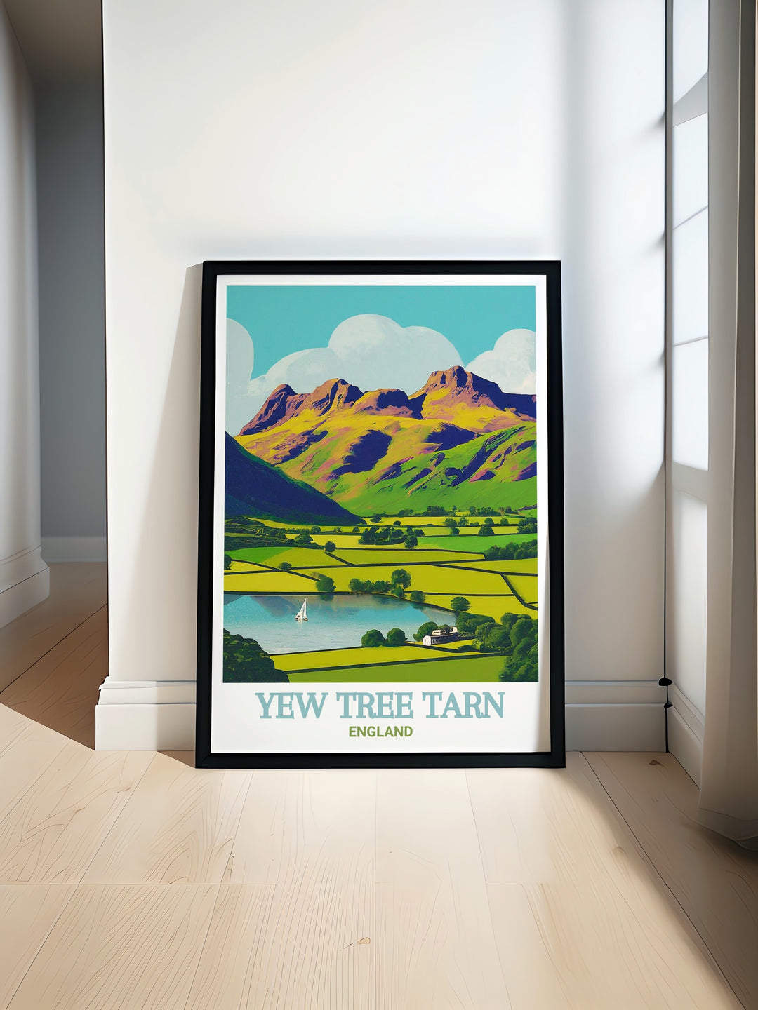 Yew Tree Tarn travel print, capturing the timeless beauty and calmness of this Lake District gem with Langdale Pikes towering in the distance. This poster is designed to bring a sense of peace and natural splendor to your home decor.