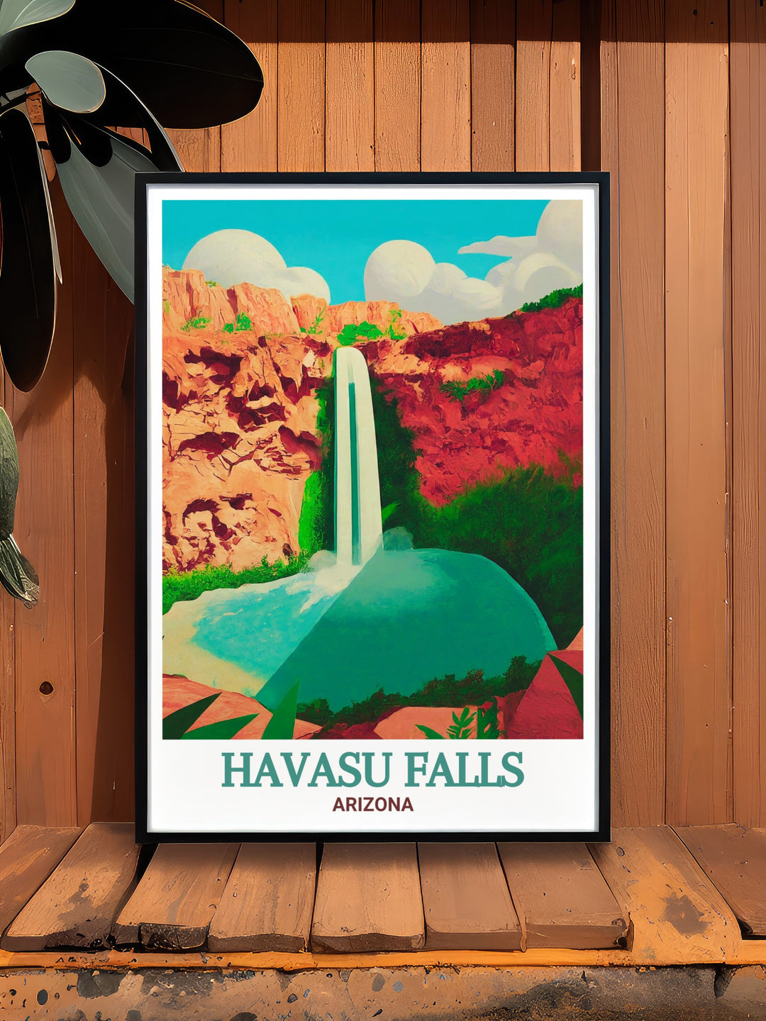 Experience the beauty of Havasu Falls in Arizona with this art print, showcasing the serene and powerful flow of water against a backdrop of rugged cliffs. Ideal for adding a touch of nature to any room.