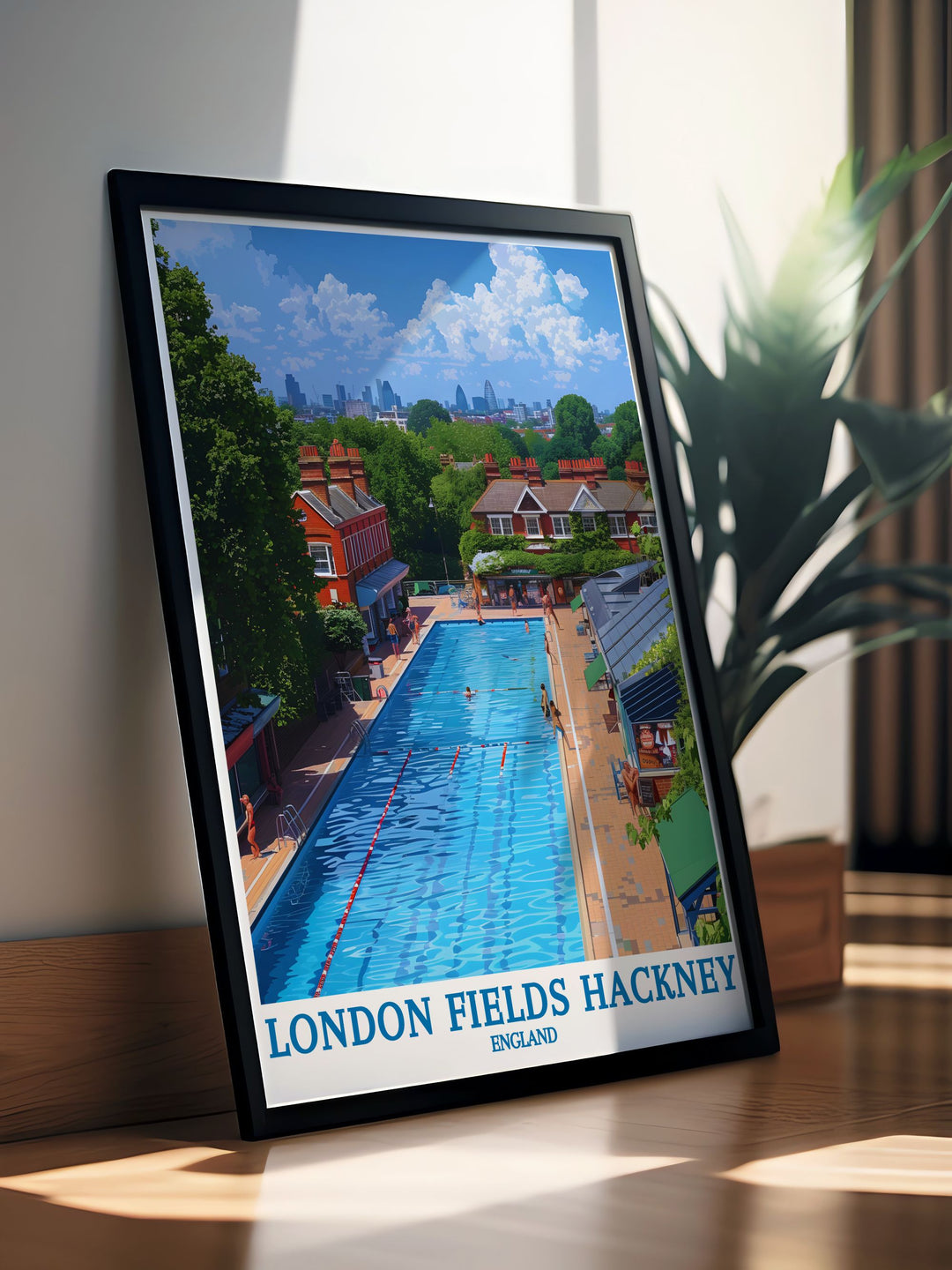 Showcasing both London Fields and the London Fields Lido, this travel poster captures the lively and inviting atmosphere of Hackney, perfect for enhancing your living space with a touch of local life.