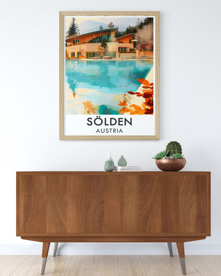 This poster of Solden captures the breathtaking mountain scenery and vibrant energy of the ski resort and thermal spas, inviting viewers to experience the unique charm and adventure of the Austrian Alps.