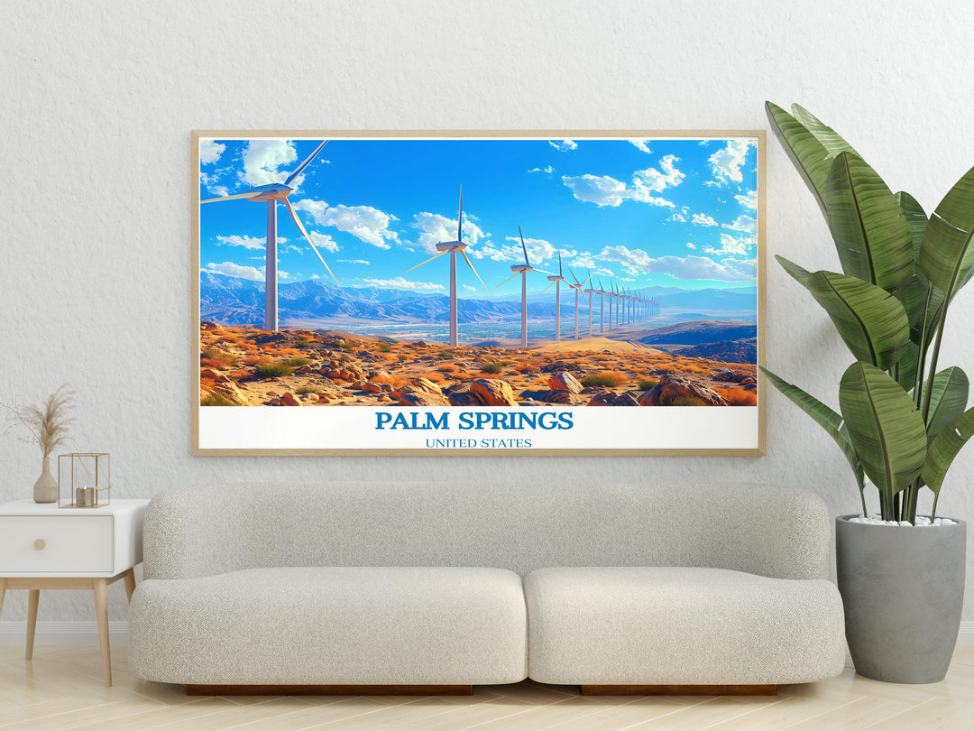 Palm Springs Windmills Modern Print featuring a picturesque view of iconic windmills set against the desert landscape ideal for stylish home decor and travel enthusiasts