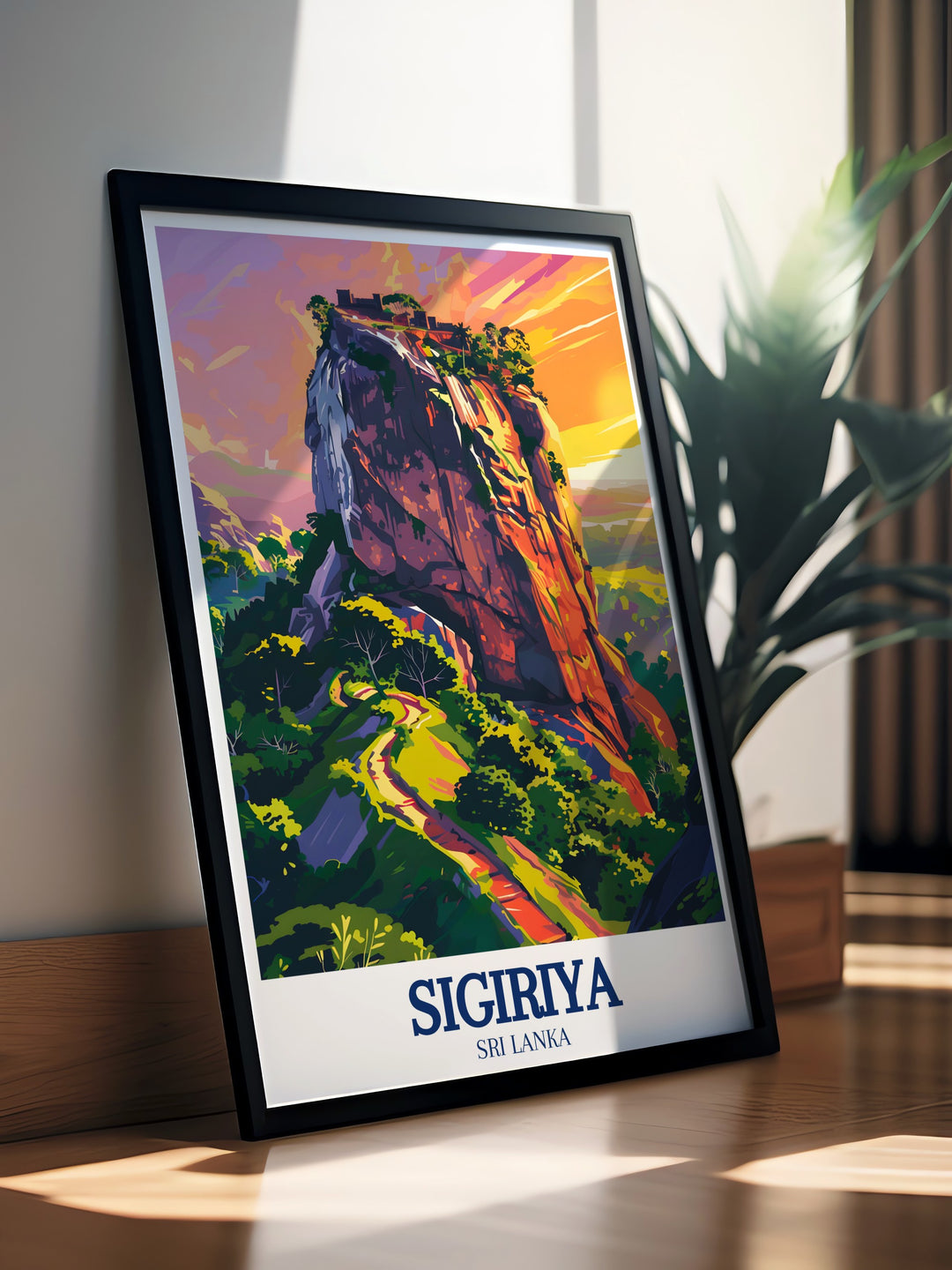 Travel print featuring Sigiriya, the iconic Lions Rock in Sri Lanka, showcasing the detailed frescoes and panoramic views that make this site a UNESCO World Heritage landmark. Ideal for those who love historical travel art, bringing the beauty of Sri Lanka into your home.