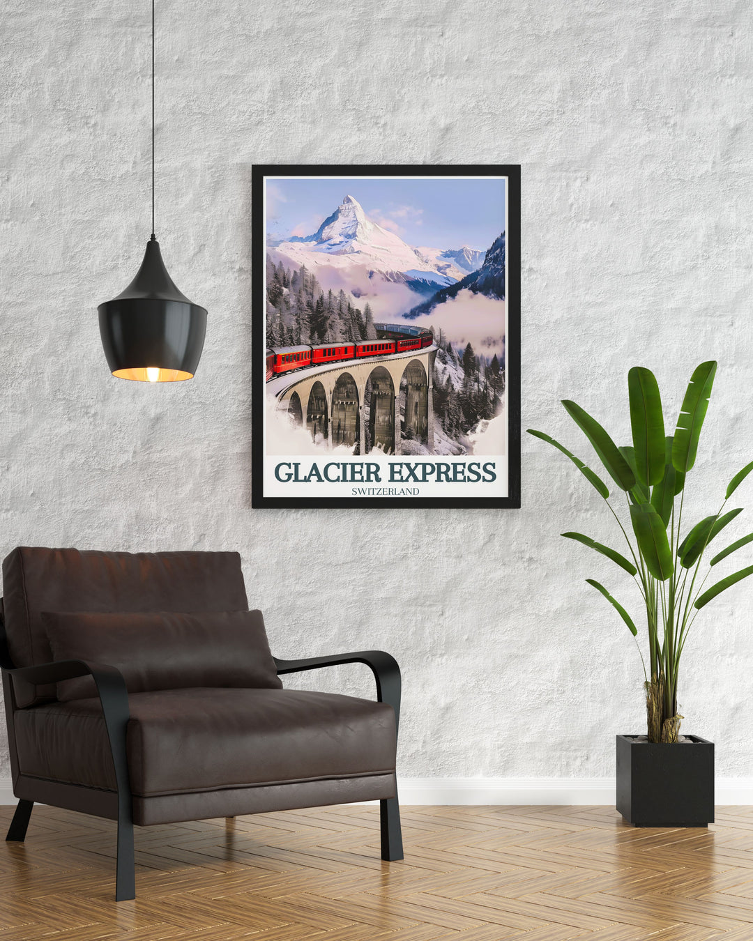 Experience the beauty of the Swiss Alps with our Glacier Express train Landwasser Viaduct travel art print perfect for adding a touch of alpine charm to your art and collectibles collection