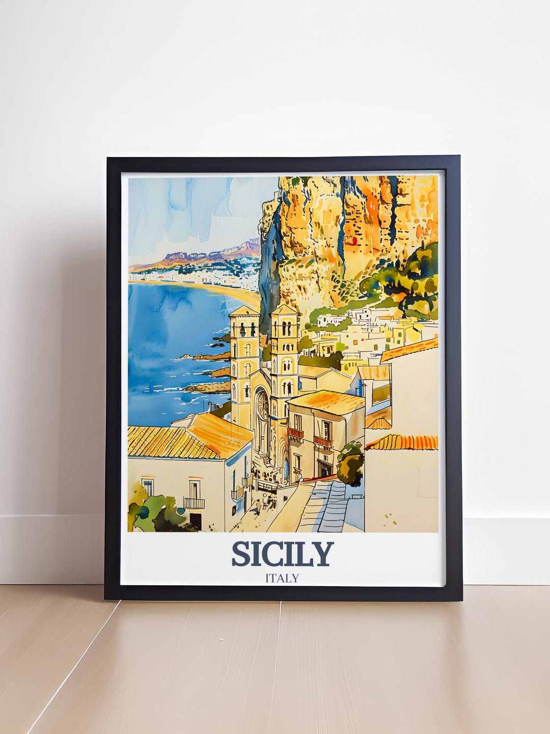 Capture the stunning beauty of Sicilys Cefalù with this art print. Featuring La Rocca as a backdrop, this fine line print brings the essence of Sicily to life, making it a great addition to any home decor or a unique gift for those who appreciate Italian art.