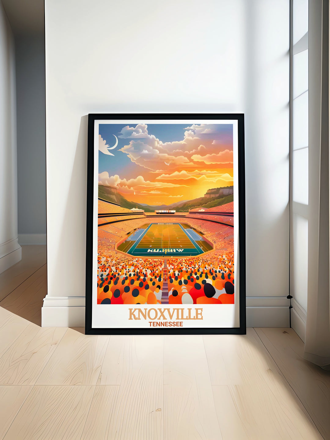 Knoxville framed art showcasing the University of Tennessee, capturing the vibrant energy of the campus and surrounding cityscape. This travel print is ideal for adding a personalized touch to any room or gifting to a Tennessee fan.