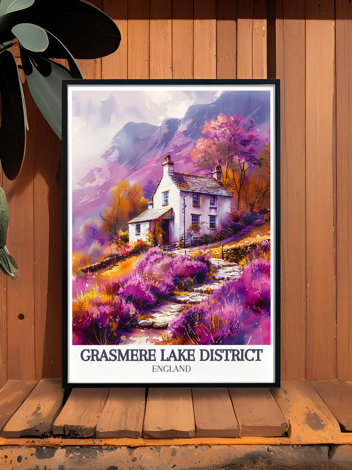 Depicting the historic Dove Cottage in Grasmere, this travel poster offers a glimpse into the life of poet William Wordsworth, making it a perfect addition for literature enthusiasts and history buffs.
