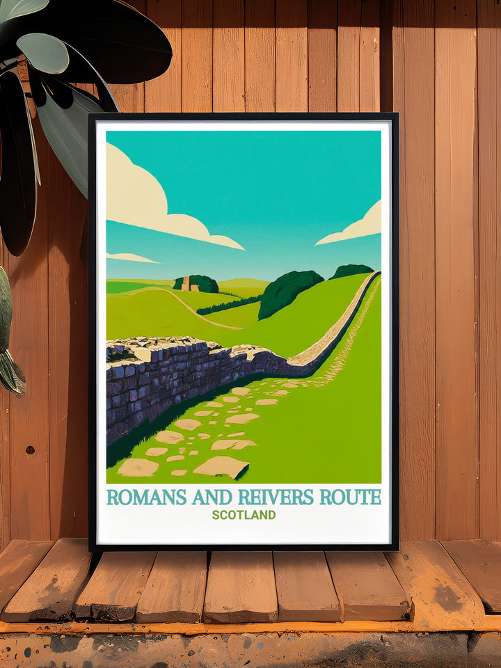 Hadrians Wall vintage travel print featuring the Reivers Route and Scottish Borders ideal for fans of hiking and National Park posters looking for beautiful wall art inspired by Scotlands rugged trails and breathtaking landscapes.