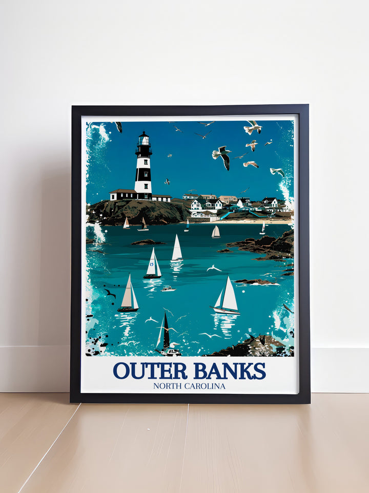 Cape Hatteras Lighthouse Canvas Art capturing the iconic lighthouse set against the backdrop of the vast Atlantic Ocean. The detailed artwork highlights the historic significance and striking beauty of Cape Hatteras, making it a must have for those who appreciate maritime history and coastal landscapes.