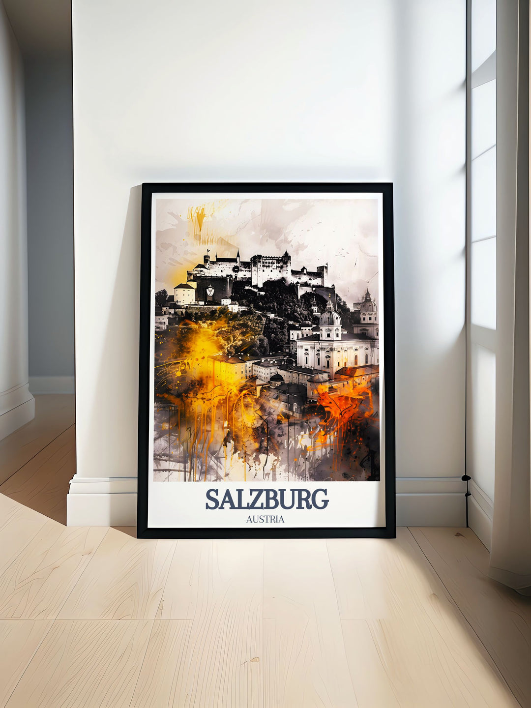 Salzburg print showcasing the beauty of Hohensalzburg Fortress and Mirabell Palace. Perfect for Salzburg wall art and Salzburg travel print lovers. A stunning Salzburg art print that blends history and architecture beautifully for modern décor.