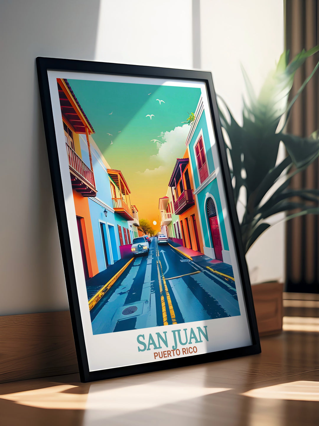 Stunning Old San Juan poster print highlighting the historic streets of Puerto Rico makes a beautiful Caribbean wall decor piece. This vibrant artwork is ideal for gifts for her or him and fits seamlessly into any home decor style.