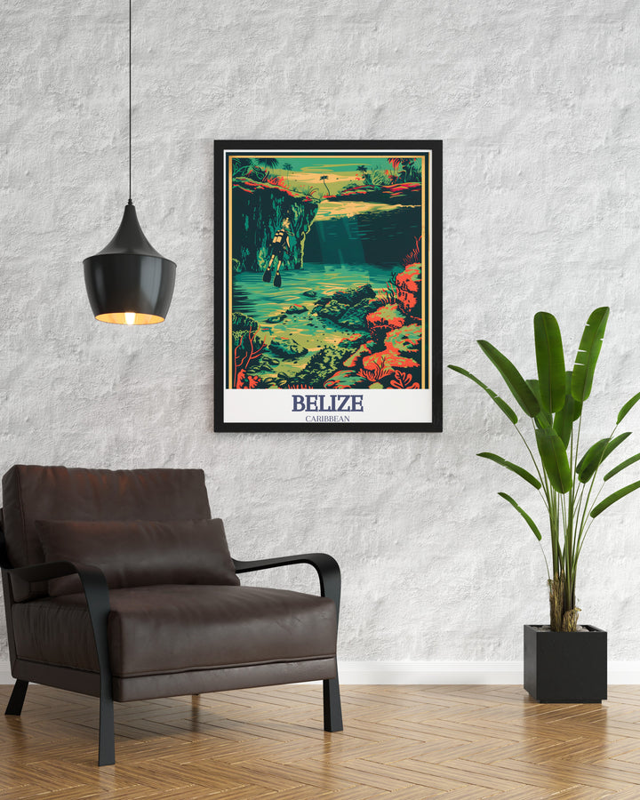 Blue Hole Belize Barrier Reef home decor featuring vibrant blues and greens intricate details of marine life perfect for bringing the warm sunny vibes of the Caribbean into your living space