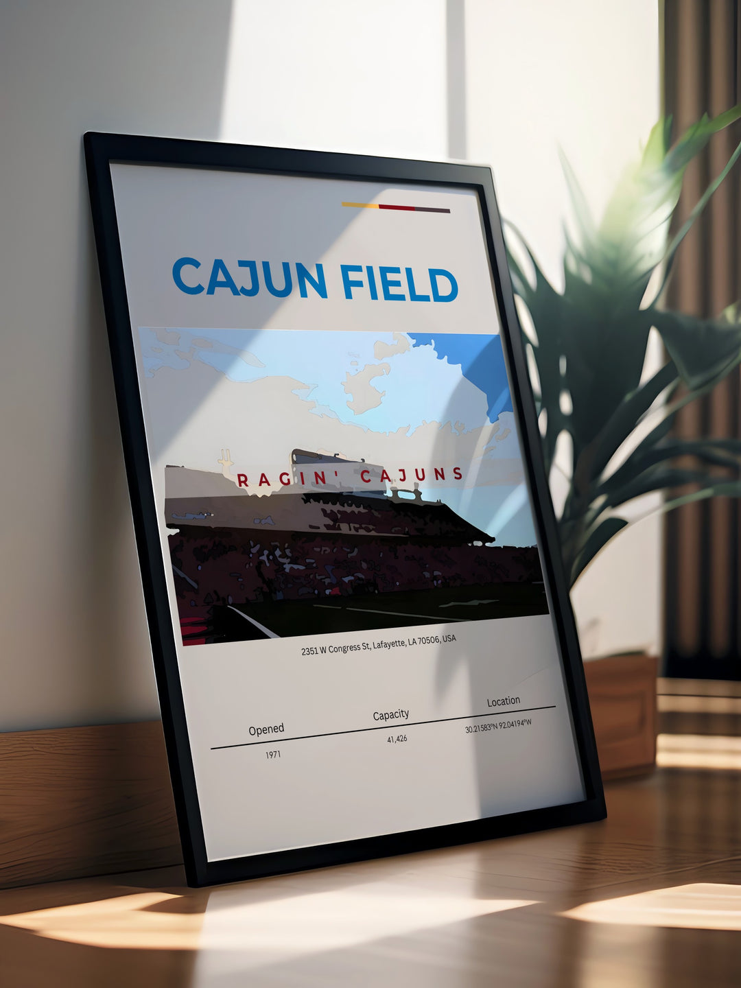 Dynamic Cajun Field print for college football enthusiasts highlighting Louisiana Ragin Cajuns football. The modern decor style is ideal for any dorm room or living space offering a stylish and spirited way to display team pride with elegant wall art.