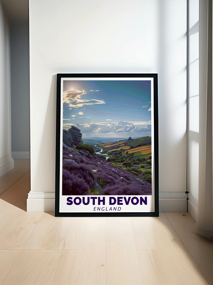 South Devon Travel Poster showcasing stunning landscapes from Dartmoor National Park and the Area of Outstanding Natural Beauty. Perfect for adding charm to any space and making a thoughtful gift for travel lovers or fans of nature inspired art.