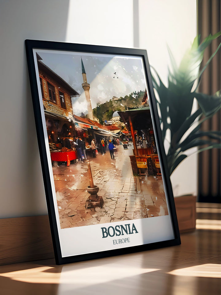 Bascarsija, the Old Bazaar, Gazi Husrev beg Mosque featured in a beautiful Bosnia poster print. This artwork is perfect for those who love cultural landmarks and want to add a touch of Bosnias history to their home decor or personal collection.