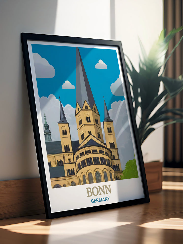 Bonn Minster travel print highlights the detailed Gothic architecture of this medieval church, offering a stunning view of one of Bonns most famous landmarks. This canvas art is ideal for history lovers or anyone looking to add a touch of German elegance to their wall.