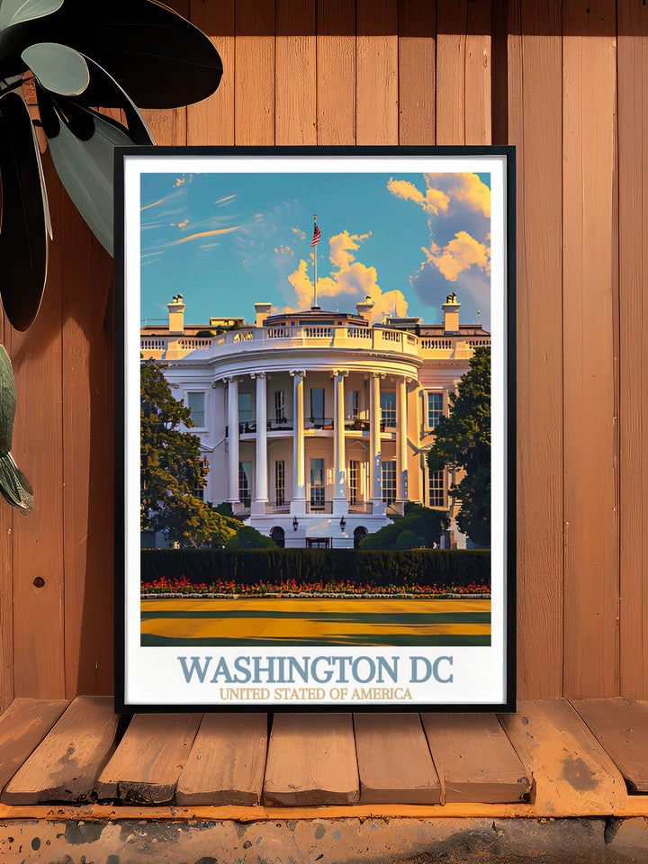 Stunning Washington DC poster in black and white showcasing The White House and other iconic landmarks. This Washington DC travel print is a versatile addition to your home decor and serves as a thoughtful gift for Mothers Day or any special occasion.