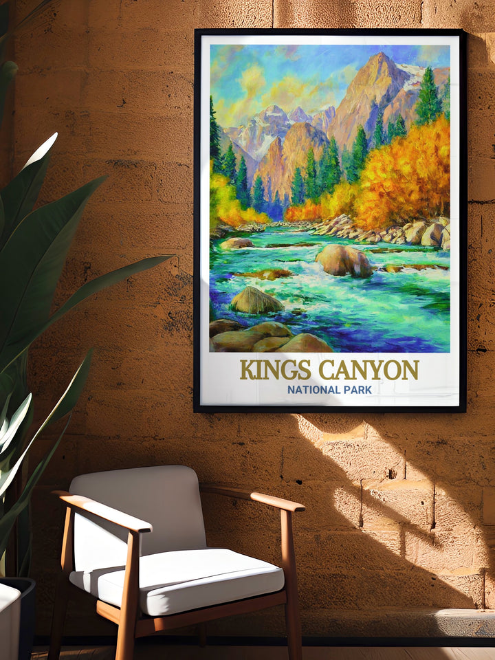 National Park travel poster highlighting the beautiful Kings River as it winds through Kings Canyon. This wall art celebrates the untouched beauty of the park and brings the experience of Americas great outdoors to your home.