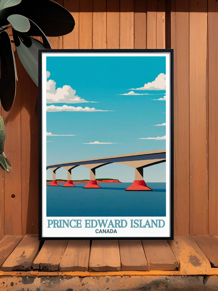 Confederation Bridge framed prints showcasing the iconic structure and its serene surroundings perfect for adding a touch of tranquility and beauty to your living space these prints make excellent housewarming gifts and birthday gifts.