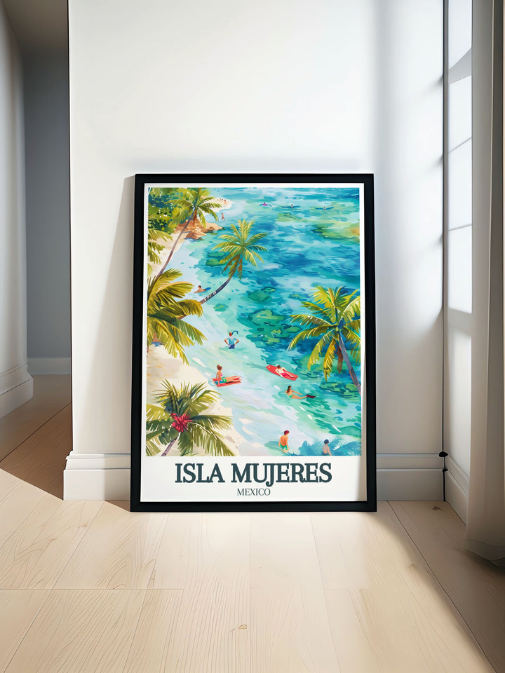 Black and white fine line print of Isla Mujeres map featuring Isla Mujeres beach Caribbean sea perfect for modern home decor and living room wall art elegant Isla Mujeres print showcasing the vibrant cityscape.