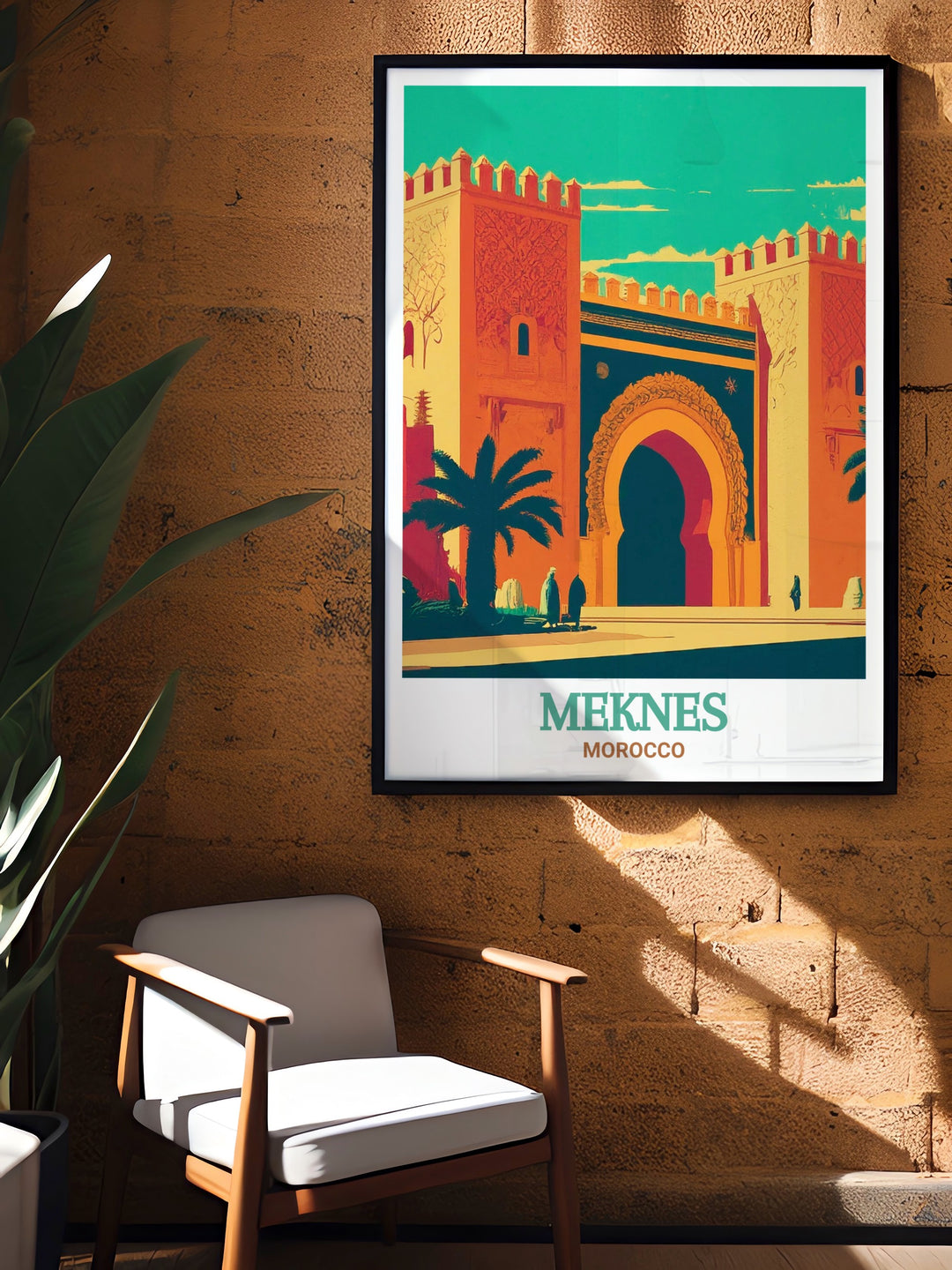 Bab Mansour modern print captures the timeless beauty of Meknes offering an elegant touch to any room décor this Morocco travel art piece is a perfect gift for lovers of Moroccan history and architecture featuring rich details and vibrant colors