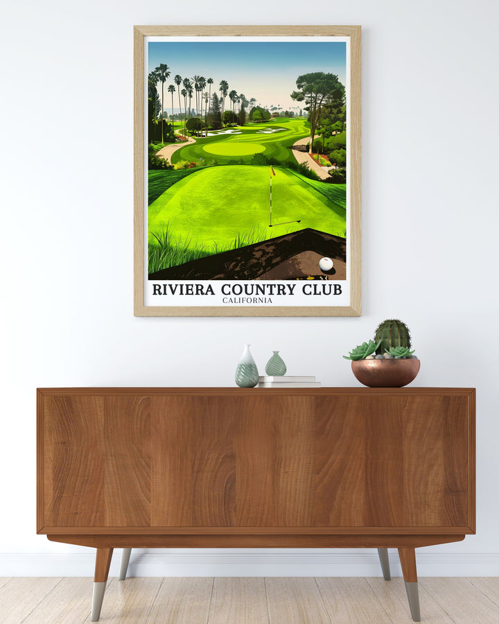 An elegant Riviera Country Club travel print highlighting the 1st tee and the surrounding beauty of Pacific Palisades. This golf art is a fantastic addition to any space, offering a glimpse into one of the sports most prestigious courses.