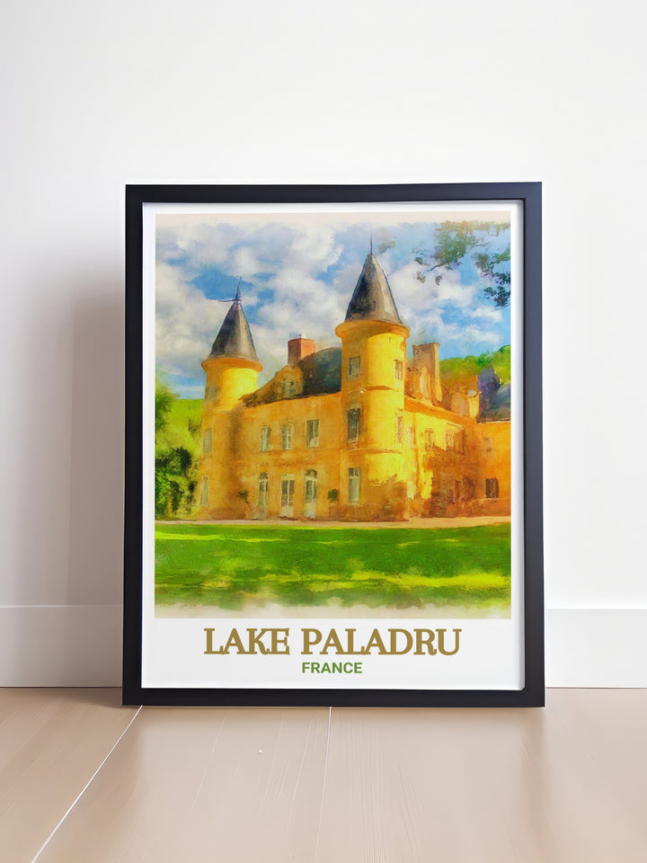 Bring the charm of France into your home with this travel poster featuring Lake Paladru and Château de Virieu. The artwork highlights the best of both worlds, ideal for anyone who loves natural beauty and historical landmarks.