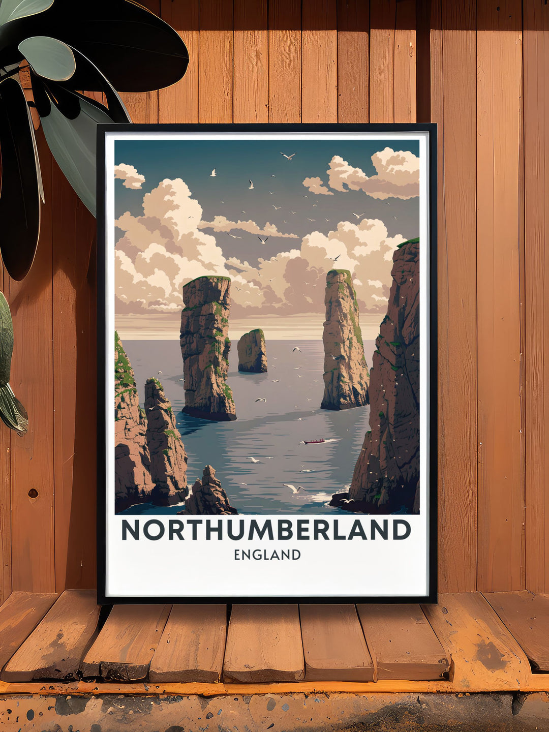 Retro travel poster featuring Seahouses and the Farne Islands. This detailed artwork is perfect for those who appreciate vintage travel prints and want to bring a piece of Northumberlands natural charm into their home.