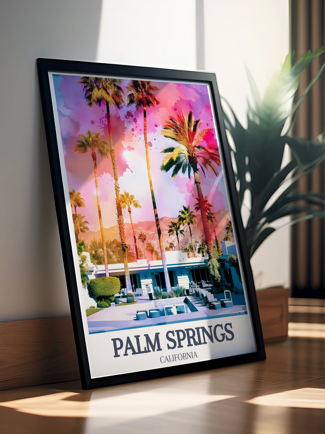 California Wall Art highlighting Grenfall Road and Limon Palm Springs Hotel in Palm Springs, featuring detailed designs and vibrant colors, making this print a perfect gift for travel enthusiasts.