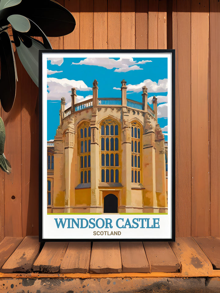 This stunning Windsor Castle and St. Georges Chapel travel poster offers a glimpse into Englands royal past. Perfect for art and history lovers alike, this piece is a stylish way to bring the elegance of English architecture into your home décor.