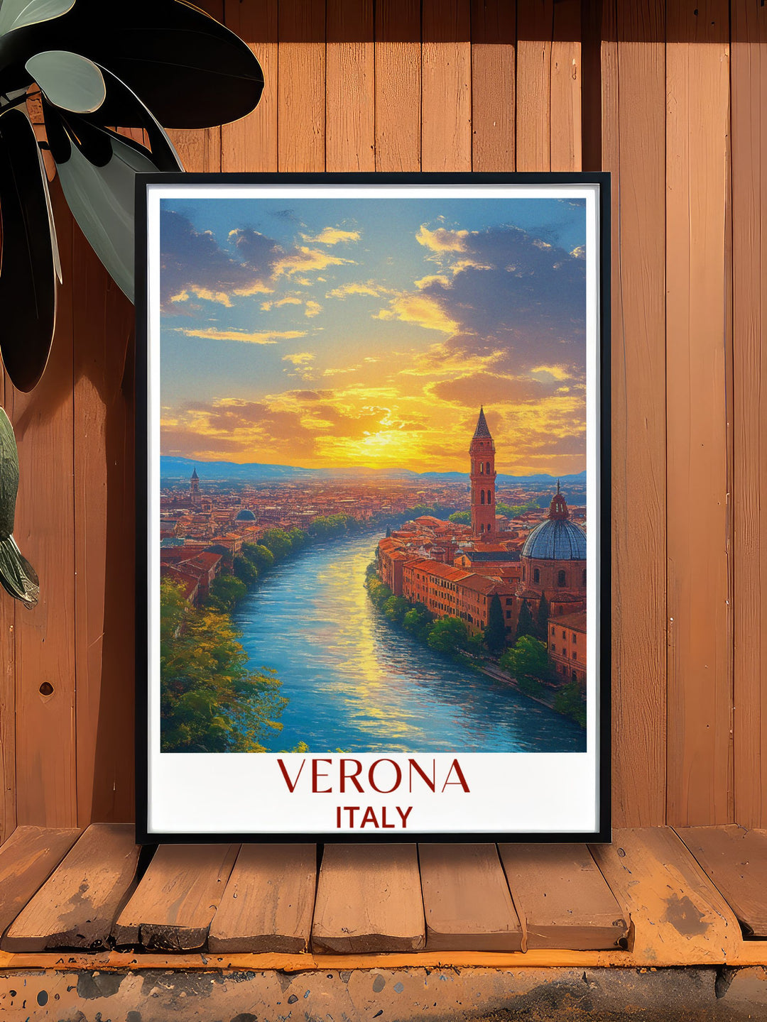 Celebrate Veronas rich history and architectural beauty with this travel print. The intricate details and vibrant colors depict the panoramic views from Castel San Pietro and the citys enchanting streets, perfect for adding elegance to your decor.
