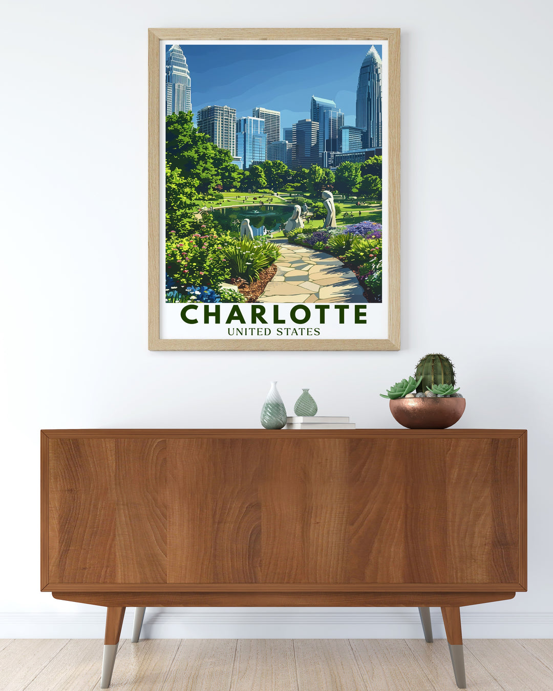 Bring the charm of Charlotte into your home with this travel print, featuring the iconic Romare Bearden Park. Set against the backdrop of the Bank of America Corporate Center, this poster print offers a fresh, modern take on the Queen Citys landscape. Ideal for home decor or as a gift, this print captures the heart of Charlottes urban beauty.