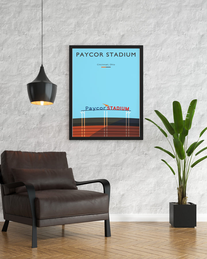 A stunning Paycor Stadium print featuring Tyler Boyd and Joe Burrow this vintage NFL print makes a perfect football fan gift ideal for those who want to bring Cincinnati Bengals artwork and retro NFL posters into their living room decor