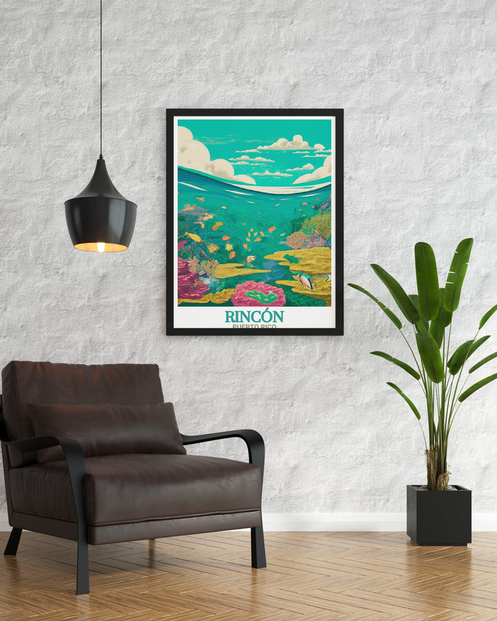 A scenic poster print featuring Rincon Beach and Tres Palmas Marine Reserve in California. This travel print offers a glimpse into the natural beauty of the area, ideal for those who appreciate coastal environments or seek unique wall art for their home.