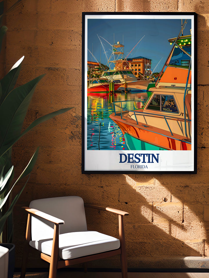 HarborWalk Marina Poster Print highlights the lively docks and fishing boats of Destins marina, paired with the proud tradition of the fishing fleet. This travel print is perfect for anyone who loves coastal décor and the sea life culture of Florida.