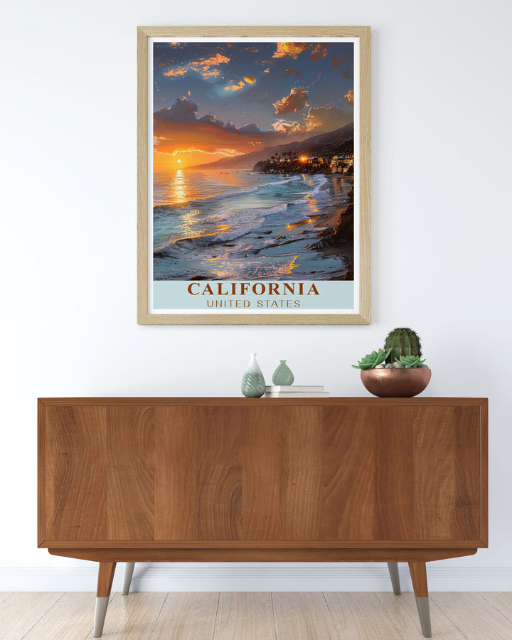 Vintage Malibu prints highlighting the picturesque coastline and tranquil ambiance of Californias famous beach town detailed and colorful artwork ideal for home or office decor a thoughtful gift for travel enthusiasts and lovers of Malibu