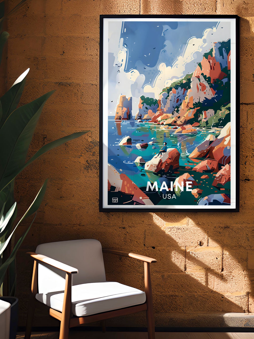 Showcasing the historical richness and natural beauty of Acadia National Park, this travel poster features iconic landmarks and vibrant landscapes. Ideal for history and nature enthusiasts, this piece brings the fascinating history of Maines landmarks into your home.