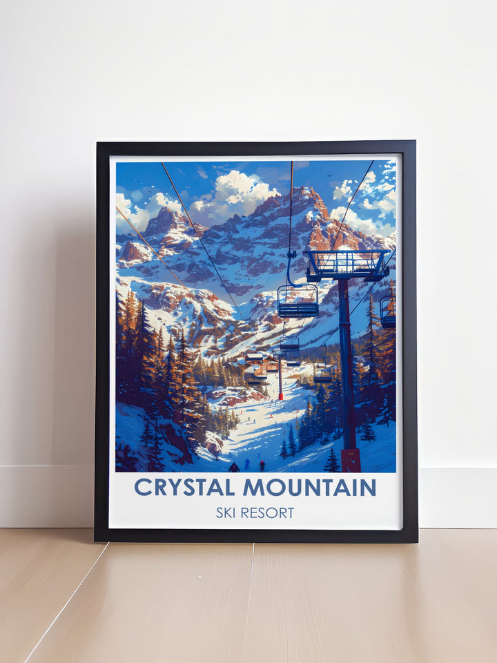 Travel poster capturing the stunning ascent on the Chinook Express Chairlift at Crystal Mountain, highlighting the beauty of Washingtons Cascade Range.