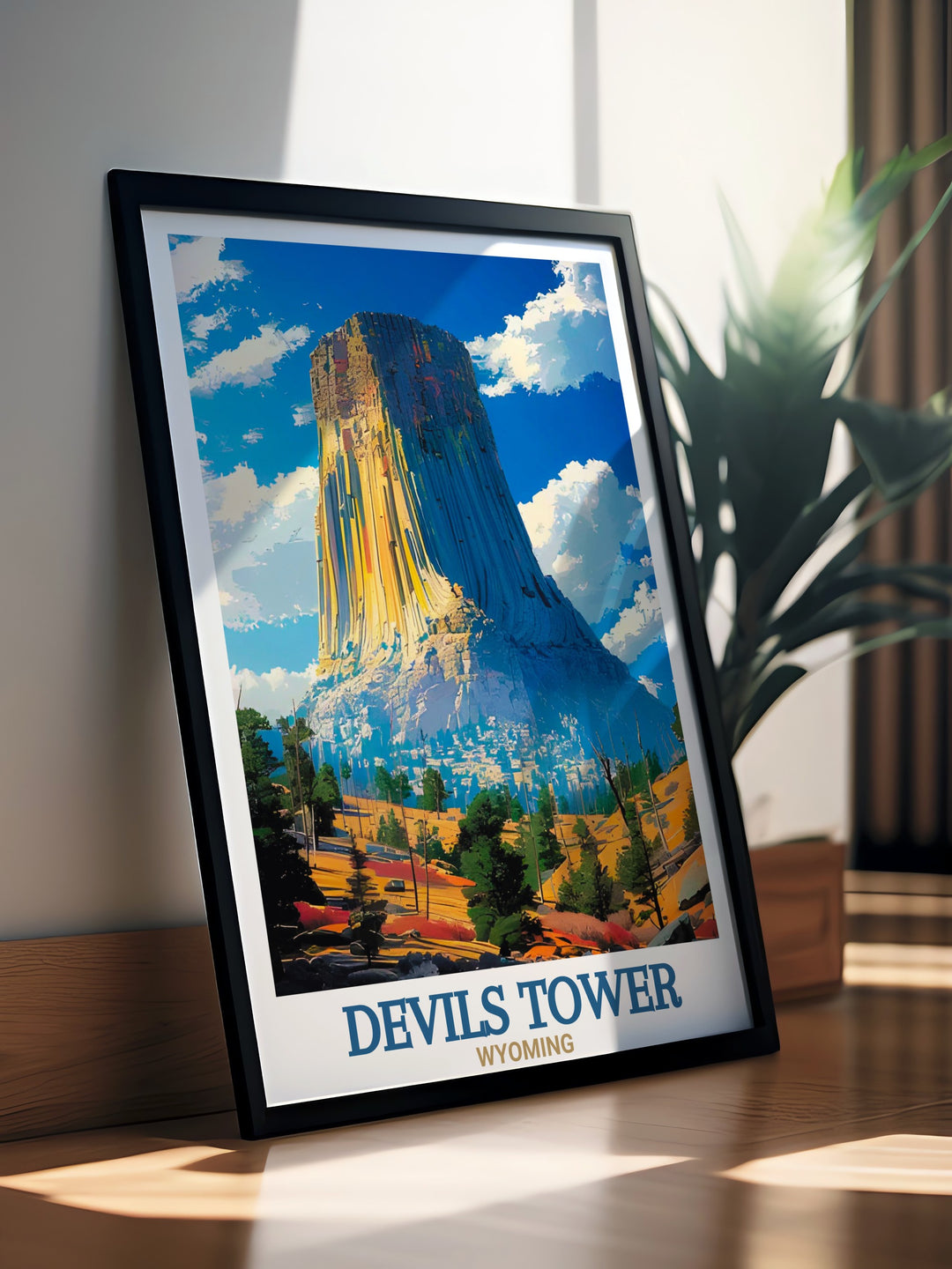 A beautiful Devils Tower National Monument print highlighting the majestic rock formation in Wyoming. This Devils Tower wall art is perfect for those looking to bring a piece of nature into their living space and makes an excellent gift for travel enthusiasts.