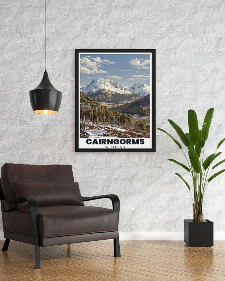 Cairngorms mountain range travel poster featuring captivating wilderness artwork that showcases the untamed landscapes of Scotlands highlands bringing a touch of elegance and tranquility to your living space