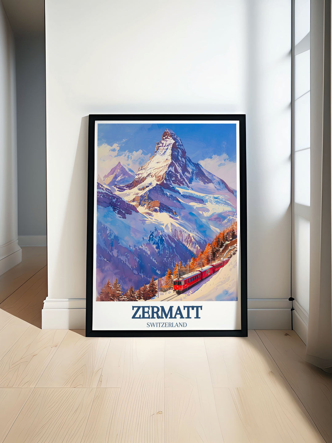 Matterhorn and Gornergrat Railway Ski Resort Artwork in elegant print perfect for home decor showcasing stunning alpine views