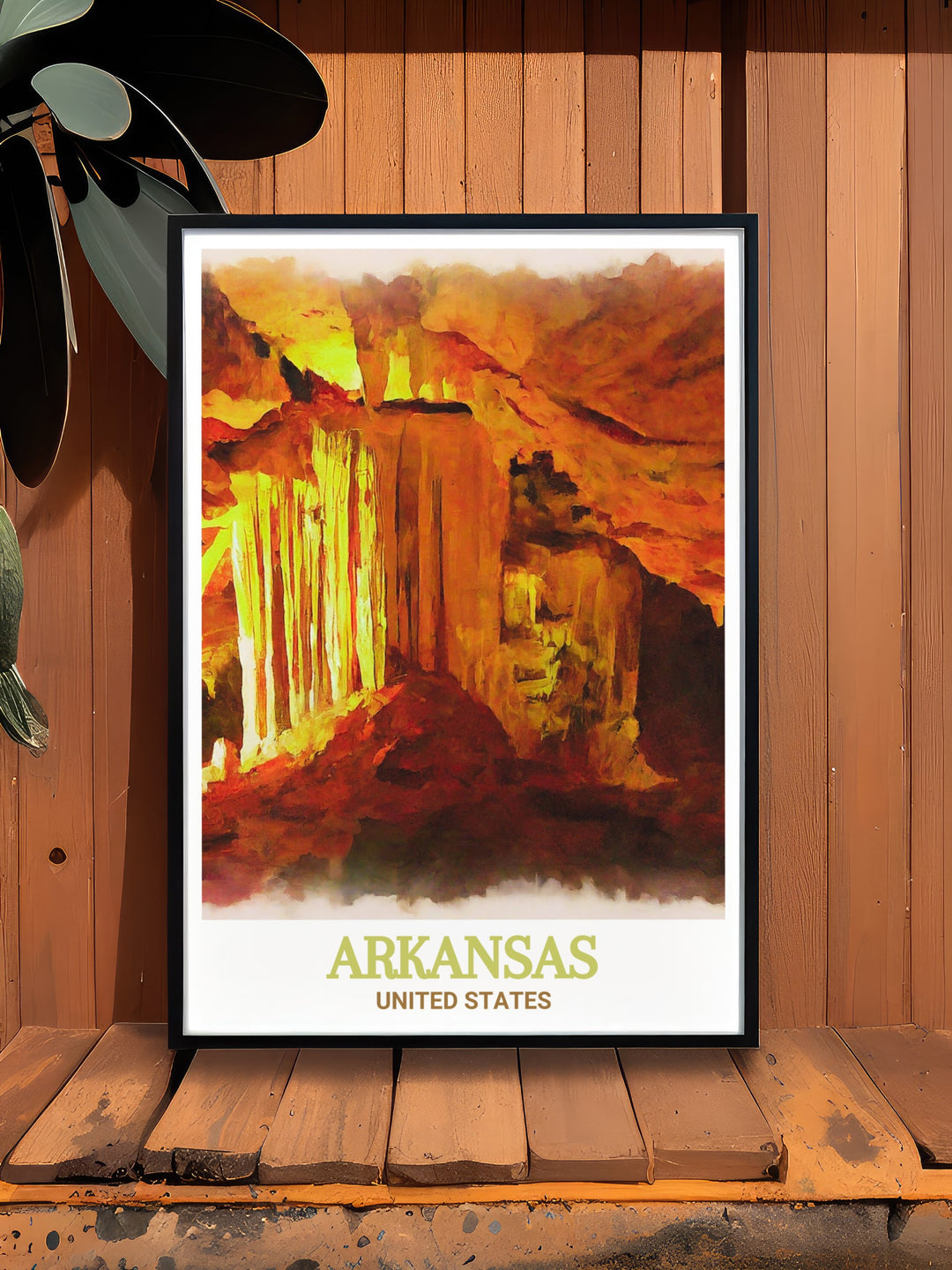 Travel poster of Blanchard Springs Caverns in Arkansas, capturing the intricate geological formations and natural beauty of this underground wonder. Perfect for art lovers and nature enthusiasts looking to bring a touch of Arkansas into their home.