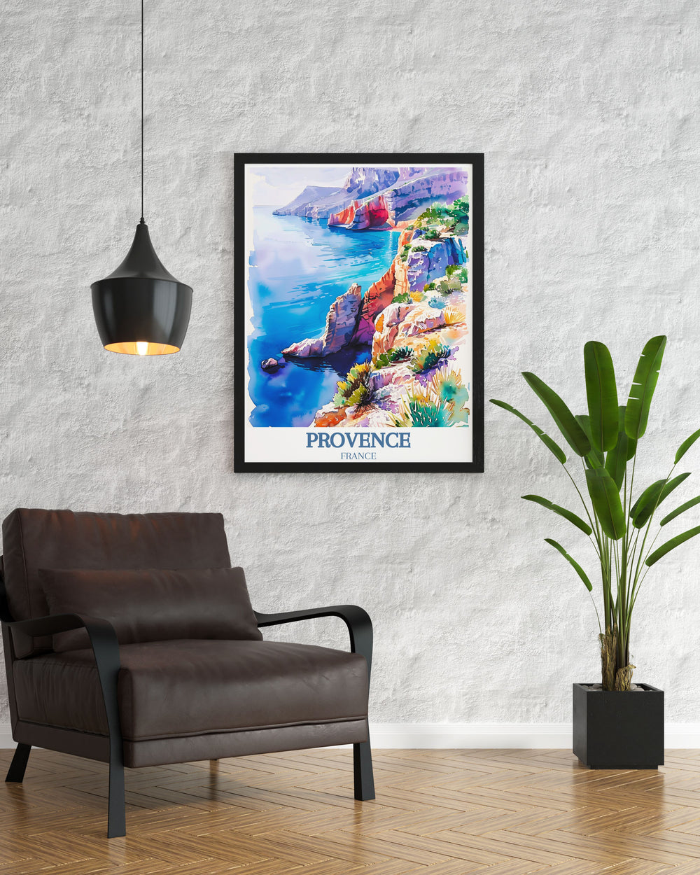 Discover our France Travel Poster featuring the iconic Calanque de Sugiton cliffs and Cap Canaille a perfect addition to any home living decor that brings the beauty of Provence right into your space.