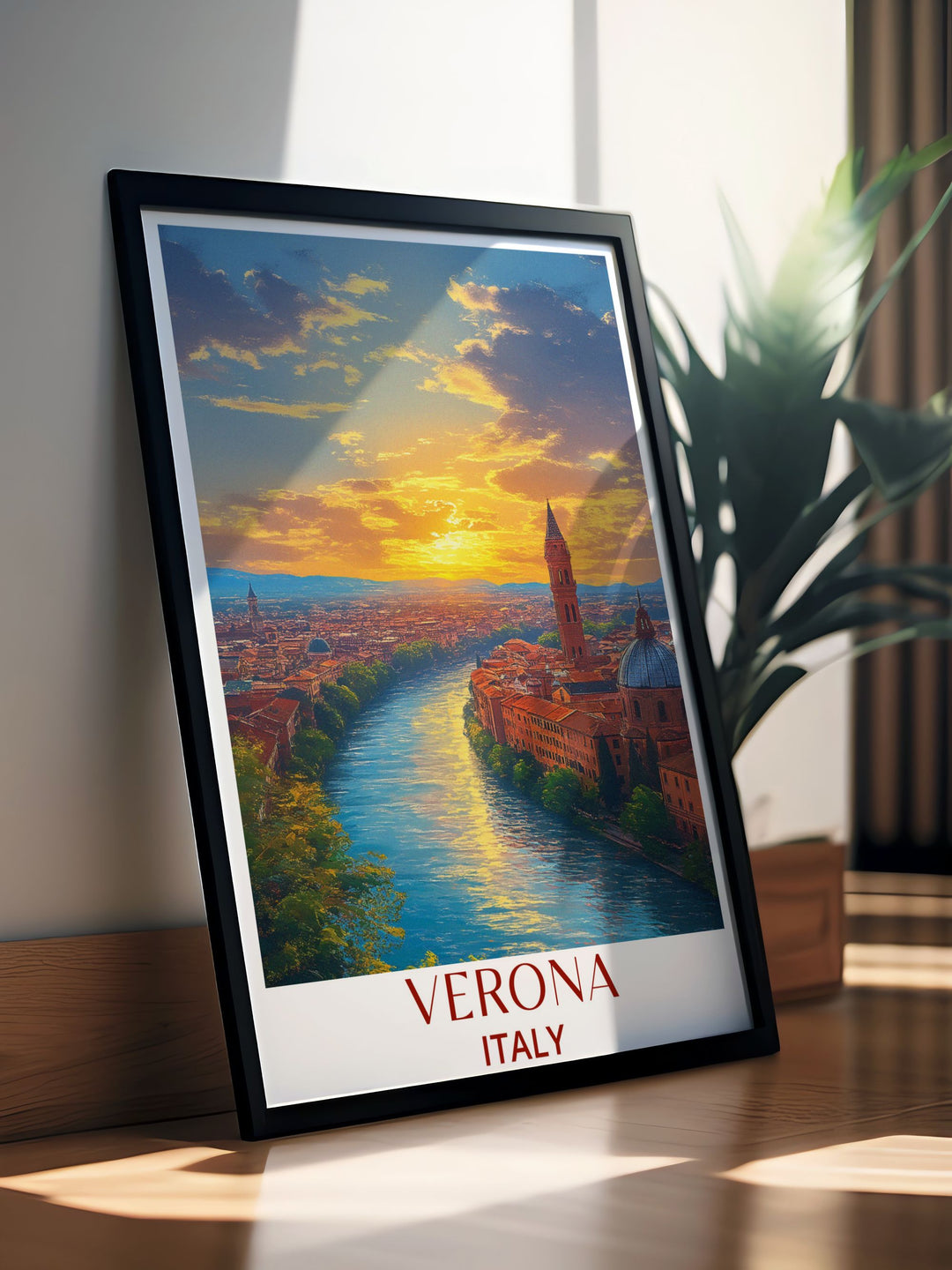 Experience the elegance and cultural richness of Verona with this travel poster. The artwork captures the panoramic views from Castel San Pietro and the historic charm of Verona, making it a perfect piece for those who appreciate Italian art and history.