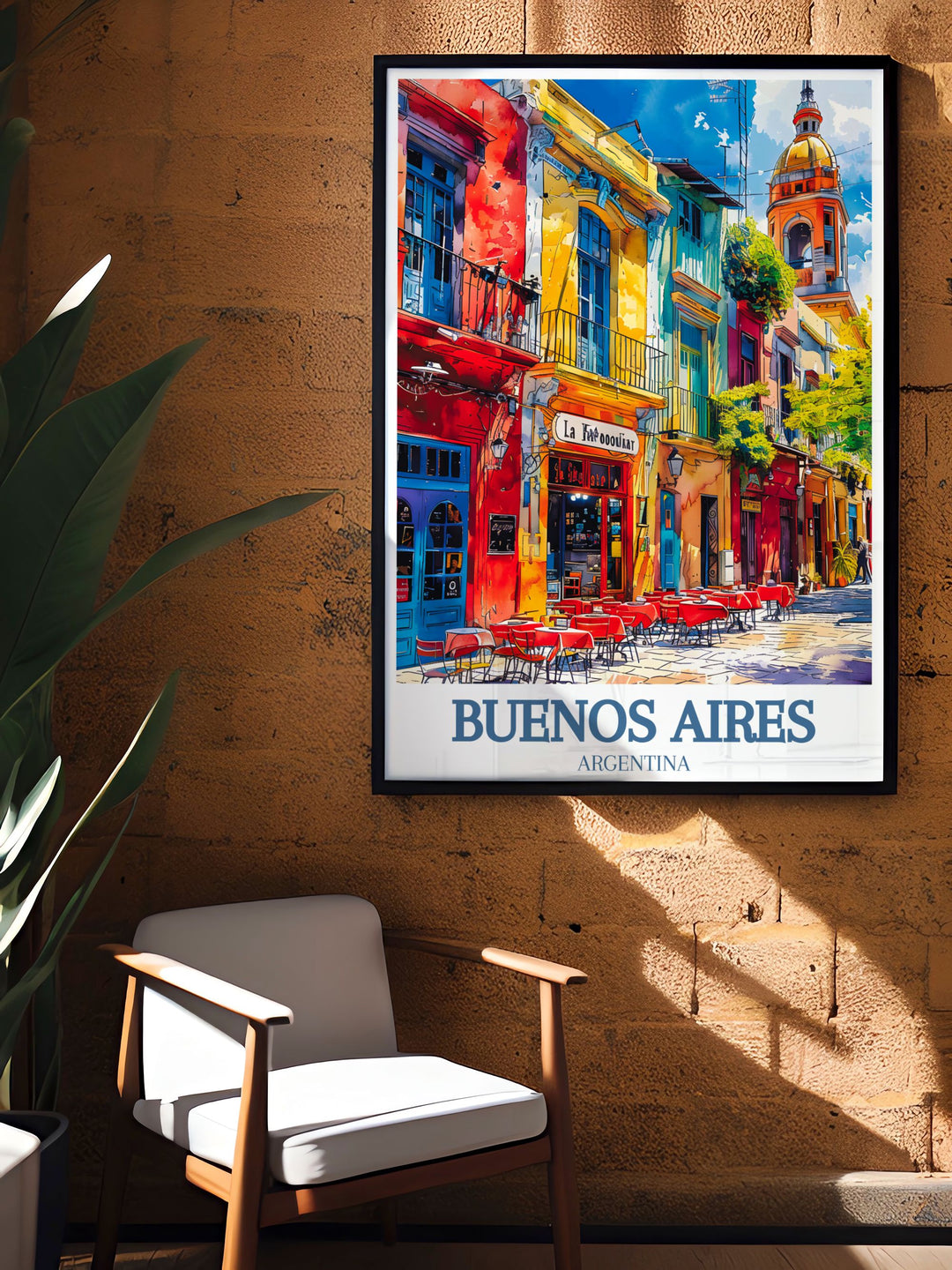 This poster artfully depicts the natural beauty of Buenos Aires and the historic charm of Caminito street, offering a perfect blend of Argentinas landscapes and cultural landmarks for your decor.